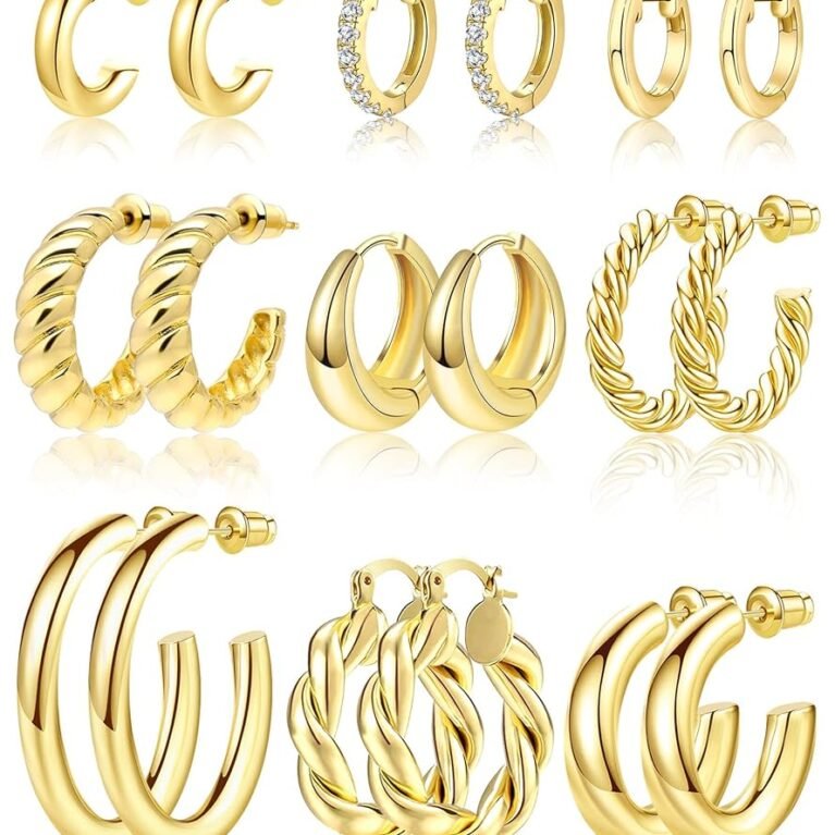 Adoyi 9 Pairs Gold Hoop Earrings Set for Women Girls Gold Twisted Huggie Hoops Earrings 14K 18K Gold Plated for Girls Gift Lightweight