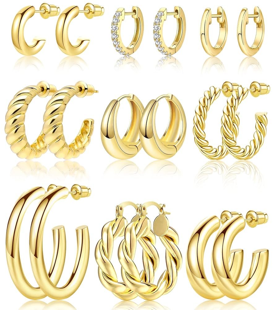 Adoyi 9 Pairs Gold Hoop Earrings Set for Women Girls Gold Twisted Huggie Hoops Earrings 14K 18K Gold Plated for Girls Gift Lightweight