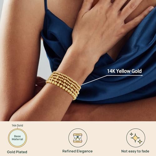 adoyi Gold Bracelets for Women, 14K Gold Plated Beaded Bracelets Gold Stretch Bead Ball Bracelet stack Set Adjustable Gold Jewelry for Women