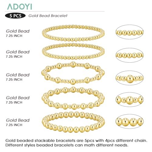 adoyi Gold Bracelets for Women, 14K Gold Plated Beaded Bracelets Gold Stretch Bead Ball Bracelet stack Set Adjustable Gold Jewelry for Women