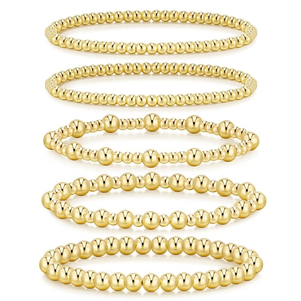 adoyi Gold Bracelets for Women, 14K Gold Plated Beaded Bracelets Gold Stretch Bead Ball Bracelet stack Set Adjustable Gold Jewelry for Women