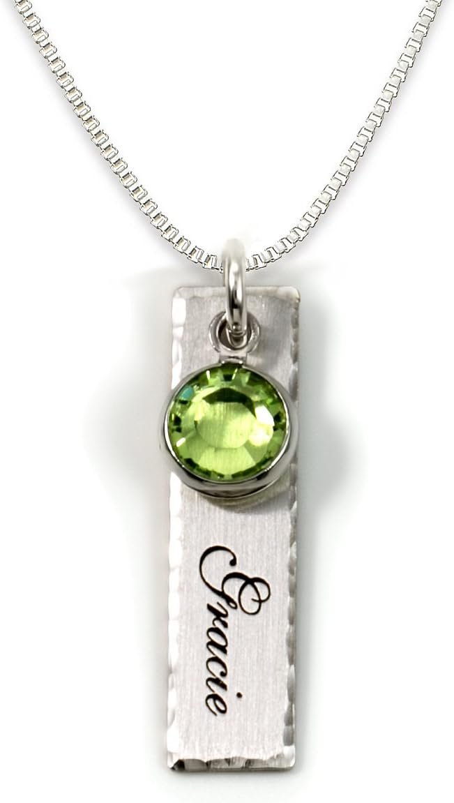 AJ's Collection Single Edge-Hammered Personalized Charm Necklace. Customize Sterling Silver Rectangular Pendant with Name and Birthstone. Includes a 925, Sterling Silver Chain....