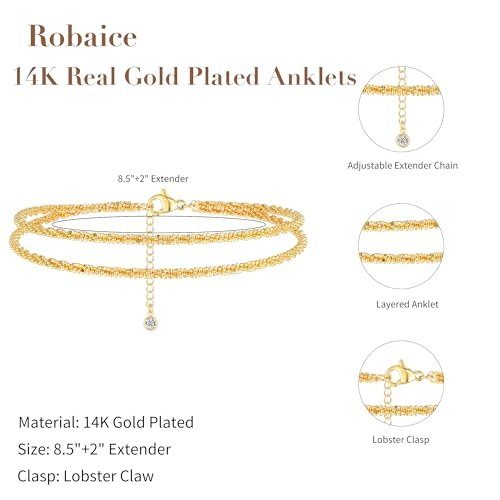 Ankle Bracelets for Women, Glitter Waterproof Adjustable Anklet for Women, 14K Gold Plated/Sterling Silver Layered Anklets, Summer Beach Anklet Jewelry for Women Gift