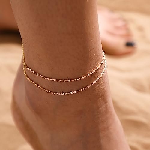 Anklet for Women 14K Gold Plated Ankle Bracelets Silver Anklet Waterproof Pearl Cubic Zirconia Rhinestone Heart Beads Herringbone Cuba Link Chain Anklets Dainty Jewelry