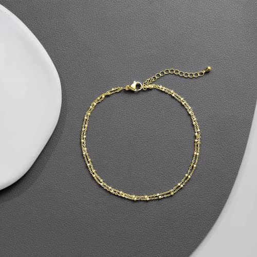 Anklet for Women 14K Gold Plated Ankle Bracelets Silver Anklet Waterproof Pearl Cubic Zirconia Rhinestone Heart Beads Herringbone Cuba Link Chain Anklets Dainty Jewelry