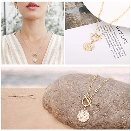 Aobei Pearl 18K Gold Moon Star Lion Evil Eye Pendant Necklace Medallion Paperclip Chian Choker Layering Jewery for Women