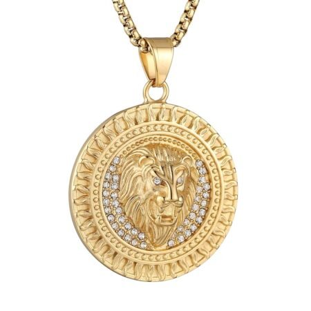 AsAlways 18K Gold Plated Lion Head Pendant Inlay CZ Vintage Hip Hop Viking Rock Punk Animal Totem Amulet Medal Charm Necklace Jewelry