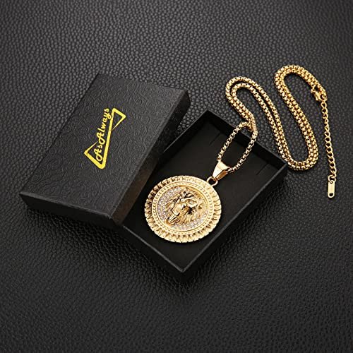 AsAlways 18K Gold Plated Lion Head Pendant Inlay CZ Vintage Hip Hop Viking Rock Punk Animal Totem Amulet Medal Charm Necklace Jewelry