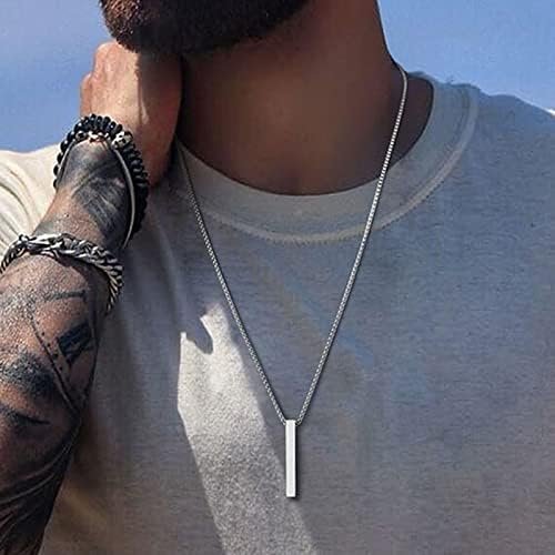 Bar Pendant Necklace For Men Stainless Steel Box Chain Pendant Men’s Necklace Jewelry Length 22inch