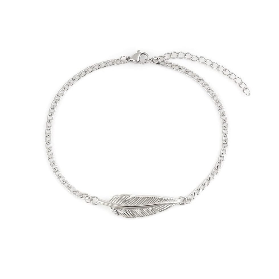 Baronyka Men's Handcrafted Anklet, Wax Cord, Stainless Steel, Adjustable Length, Durable for Everyday Wear and Modern Look (Silver Feather)