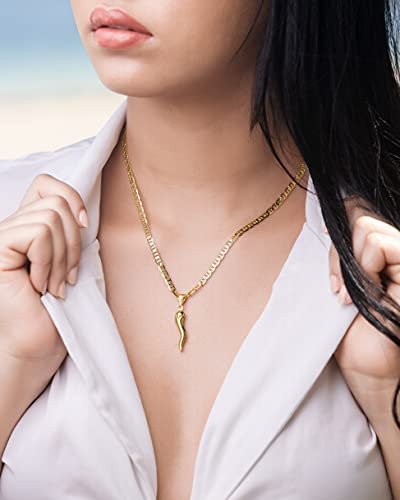 Barzel 18K Gold Plated Flat Marina Chain With Italian Horn Necklace Cornicello - Made In Brazil