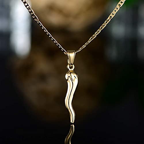 Barzel 18K Gold Plated Flat Marina Chain With Italian Horn Necklace Cornicello - Made In Brazil