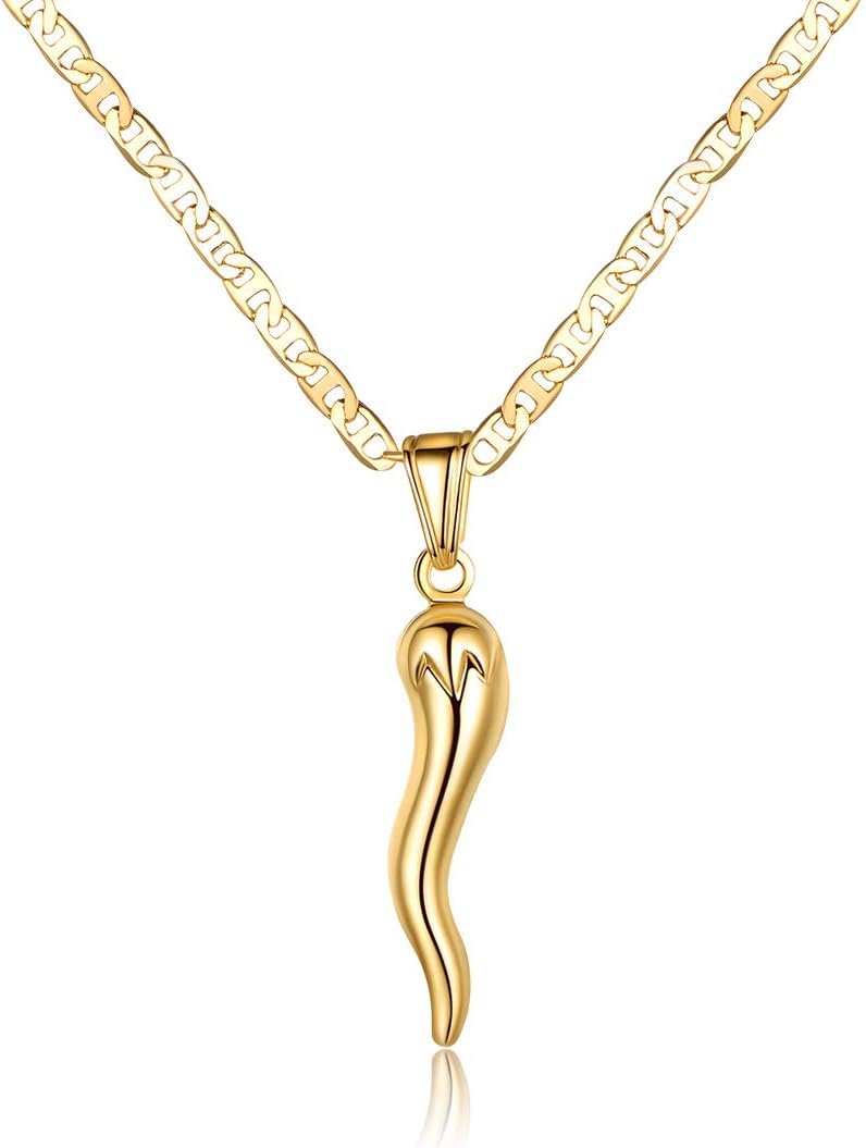Barzel 18K Gold Plated Flat Marina Chain With Italian Horn Necklace Cornicello - Made In Brazil