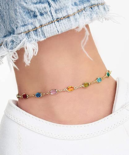 Barzel 18K Gold Plated Gold and Multi Color Crystal Baguette Anklet