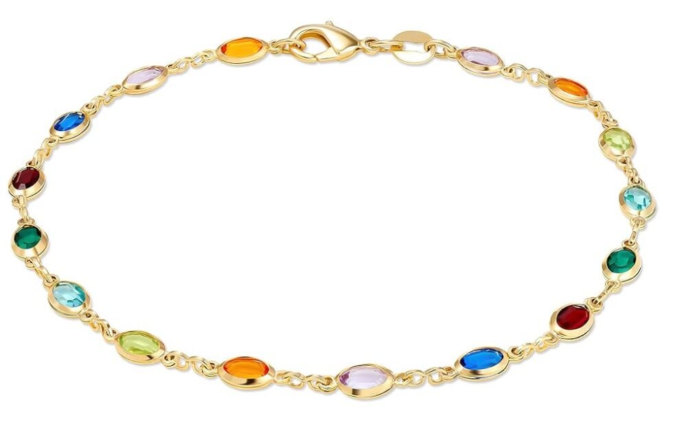 Barzel 18K Gold Plated Gold and Multi Color Crystal Baguette Anklet