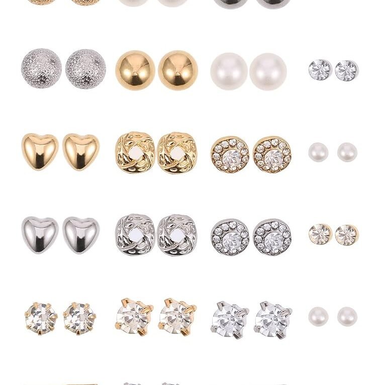 BBTO 24 Pairs Stud Earrings Crystal Pearl Earring Set Ear Stud Jewelry for Women Men