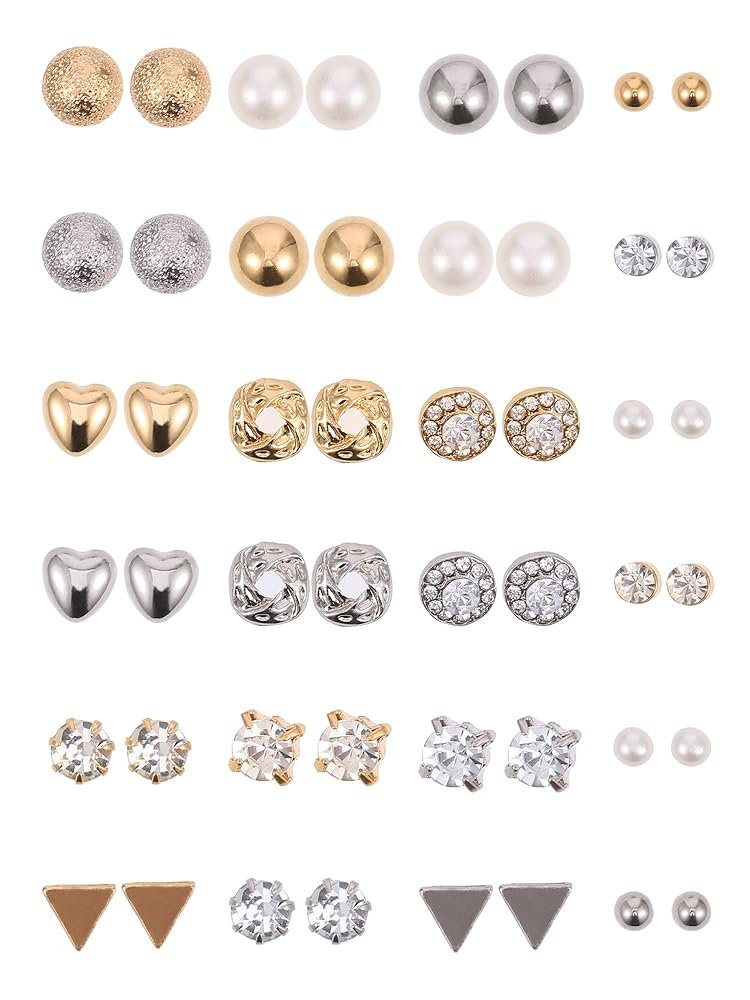 BBTO 24 Pairs Stud Earrings Crystal Pearl Earring Set Ear Stud Jewelry for Women Men