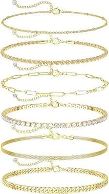 Bella's Waterproof Gold Ankle Bracelets for Women - 6Pcs 14K Gold Plated Anklets Layered Cuban Link Chain Herringbone Cute Anklets Set Pack Summer Beach Jewelry Gift for Women Teen