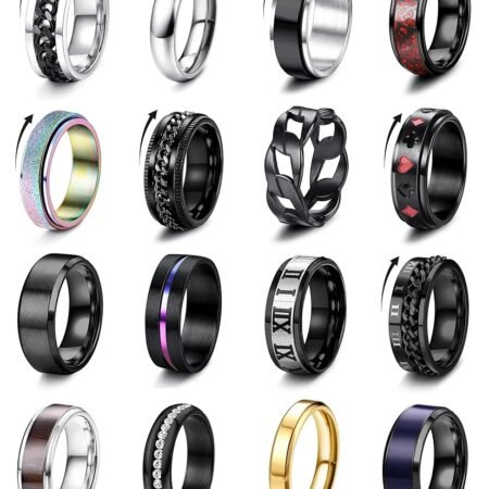 Besteel 16Pcs Stainless Steel Fidget Rings for Men Women Stress Anxiety Relief Rings Black Cool Chain Band Spinner Rings Set for Wedding Promise Mens Rings Pack