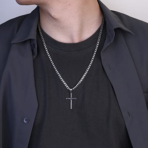 Besteel 925 Sterling Silver Cross Necklace Beveled Edge for Men Women 5mm Stainless Steel Diamond Cut Durable Cuban Link Curb Chain Crucifix Pendant Necklace Jewelry 16-30 Inches