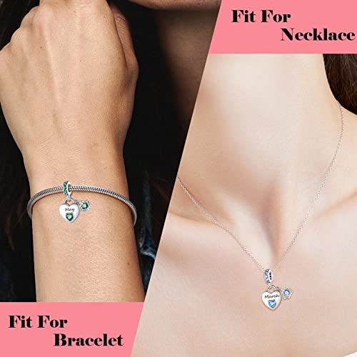 Birthstone Charms for Charms Bracelet: 925 Sterling Silver Heart Dangle Charms for Bracelets and Necklaces, Birthday Mother's Day Christmas Jewelry Gifts For Women.