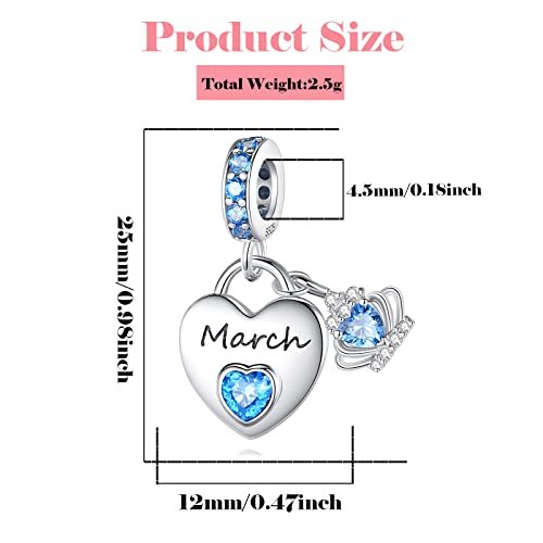 Birthstone Charms for Charms Bracelet: 925 Sterling Silver Heart Dangle Charms for Bracelets and Necklaces, Birthday Mother's Day Christmas Jewelry Gifts For Women.