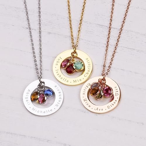 Birthstone Necklace for Mom 1 to 5 Kids Names and Birth Month Stones, Custom Family Jewelry for Women, Personalized Birthday Day, Mother's Day Gift for Wife Girlfriend, Grandma,...