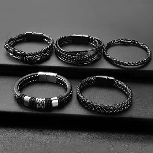 Black Leather Bracelets for Men Women 5pcs Mens Bracelet Leather and Steel Braided Cuff Bracelets