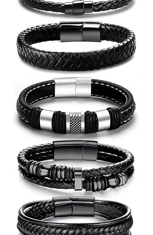 Black Leather Bracelets for Men Women 5pcs Mens Bracelet Leather and Steel Braided Cuff Bracelets