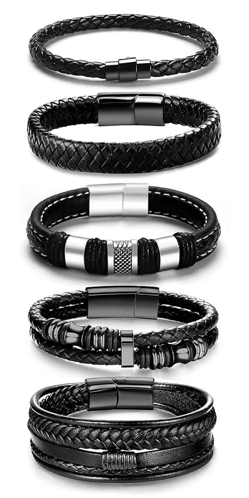 Black Leather Bracelets for Men Women 5pcs Mens Bracelet Leather and Steel Braided Cuff Bracelets