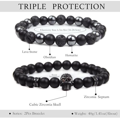 Black Obsidian Bracelet - Skull Bracelet - Tourmaline Beaded Bracelets - 8MM Black Onyx Hematite Lava Stone Beads Triple Protection Bracelet for Men Women Gifts