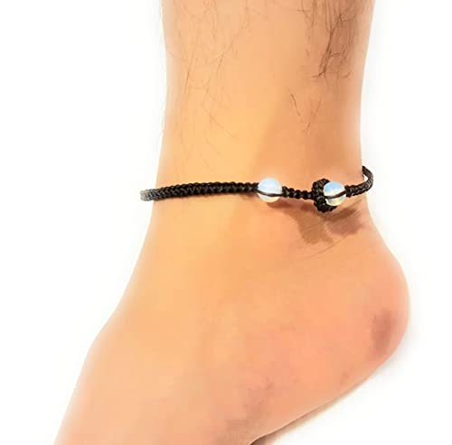 CCBFY Opal Moonstone Anklet Bracelet Braided Woven Wax Cord Adjustable Anklet for Men Women