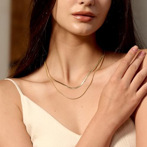 CHESKY 14K Gold/Silver Plated Snake Chain Necklace Herringbone Necklace Gold Choker Necklaces for Women Gifts Jewelry 1.5/3/5MM(W) 14"/16"(L)