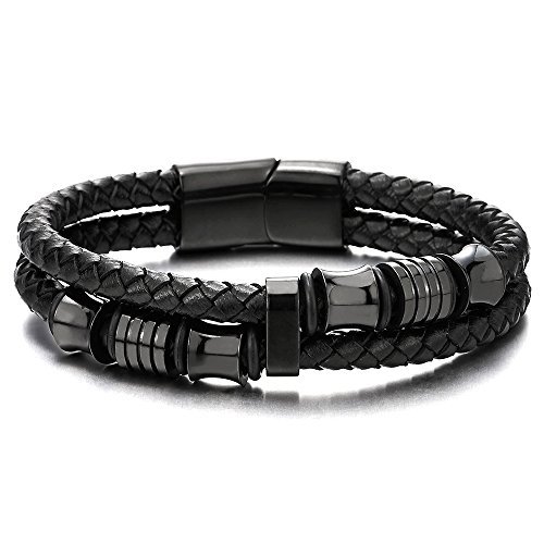 COOLSTEELANDBEYOND Mens Double-Row Braided Leather Bracelet Bangle Wristband with Stainless Steel Ornaments