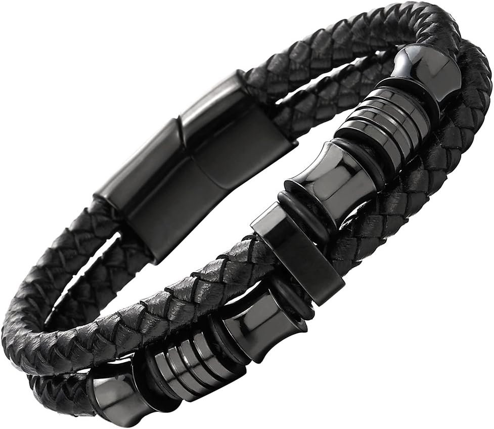 COOLSTEELANDBEYOND Mens Double-Row Braided Leather Bracelet Bangle Wristband with Stainless Steel Ornaments