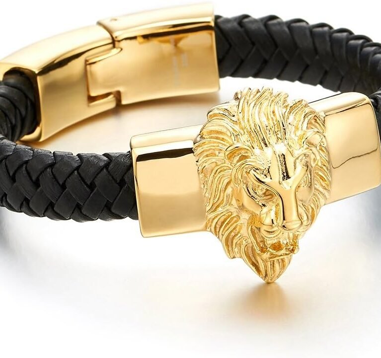 COOLSTEELANDBEYOND Mens Large Braided Leather Bracelet with Steel Lion and Genuine Leather Straps