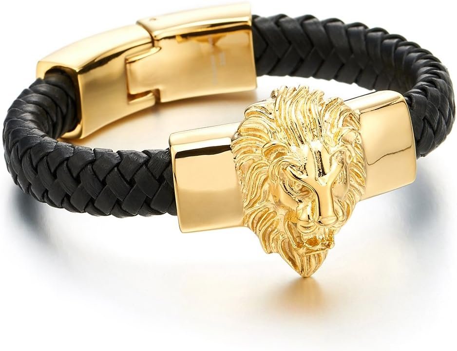 COOLSTEELANDBEYOND Mens Large Braided Leather Bracelet with Steel Lion and Genuine Leather Straps