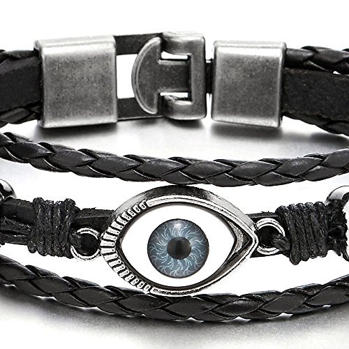 COOLSTEELANDBEYOND Mens Womens Three-Row Leather Evil Eye Beads Charms Bracelet Wristband Wrap Bracelet