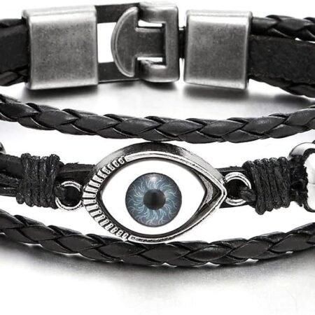 COOLSTEELANDBEYOND Mens Womens Three-Row Leather Evil Eye Beads Charms Bracelet Wristband Wrap Bracelet