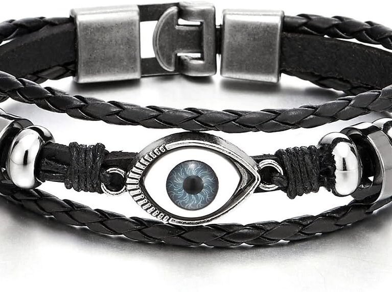 COOLSTEELANDBEYOND Mens Womens Three-Row Leather Evil Eye Beads Charms Bracelet Wristband Wrap Bracelet