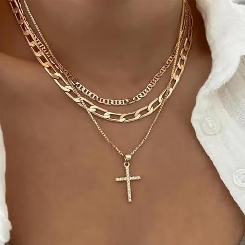 Cross Necklace for Women,Stackable Stacked Stacking Layering Layered Necklaces Dainty Gold Necklace Paperclip Box Flat Mariner Chain Necklace Cross Pendant CZ Diamond Simple...