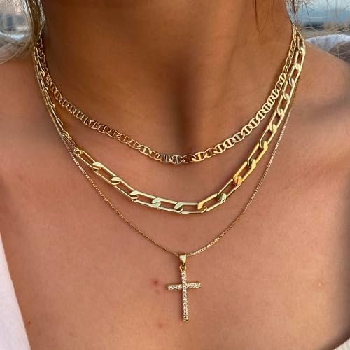 Cross Necklace for Women,Stackable Stacked Stacking Layering Layered Necklaces Dainty Gold Necklace Paperclip Box Flat Mariner Chain Necklace Cross Pendant CZ Diamond Simple...