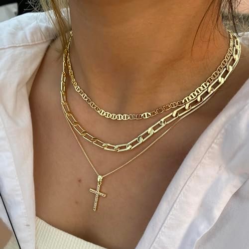 Cross Necklace for Women,Stackable Stacked Stacking Layering Layered Necklaces Dainty Gold Necklace Paperclip Box Flat Mariner Chain Necklace Cross Pendant CZ Diamond Simple...