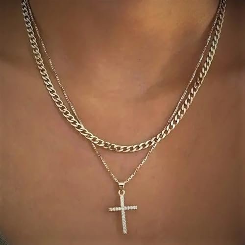 Cross Necklace for Women,Stackable Stacked Stacking Layering Layered Necklaces Dainty Gold Necklace Paperclip Box Flat Mariner Chain Necklace Cross Pendant CZ Diamond Simple...