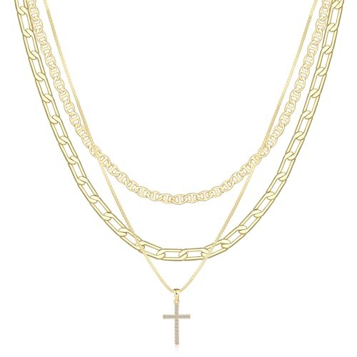 Cross Necklace for Women,Stackable Stacked Stacking Layering Layered Necklaces Dainty Gold Necklace Paperclip Box Flat Mariner Chain Necklace Cross Pendant CZ Diamond Simple...