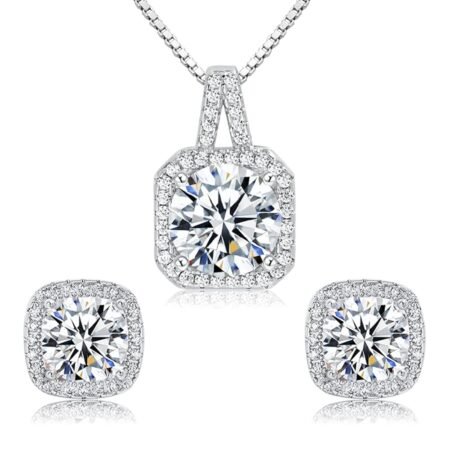 Cubic Zirconia Earrings and Necklace Set for Women 14K White Gold Plated Square Jewelry Set for Women Silver Pendant Necklace Hypoallergenic Stud Earrings Set Jewellery Gift