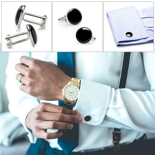 Cufflinks for Men, Tuxedo Studs and Cufflinks Set, Classic Black Gold CuffLinks Luxury Box Gift Ideas for Mens