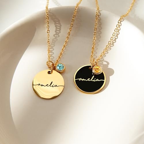 Custom Birthstone Name Necklace Personalized for Women Girls Birthday Gold Plated Gemstone Pendant Jewelry for Mom Engraved Necklace Handmade Customized June Anniversary Grandma...