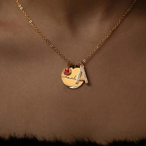 Custom Birthstone Name Necklace Personalized for Women Girls Birthday Gold Plated Gemstone Pendant Jewelry for Mom Engraved Necklace Handmade Customized June Anniversary Grandma...
