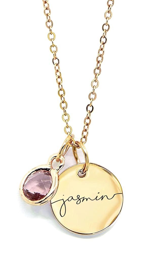 Custom Birthstone Name Necklace Personalized for Women Girls Birthday Gold Plated Gemstone Pendant Jewelry for Mom Engraved Necklace Handmade Customized June Anniversary Grandma...